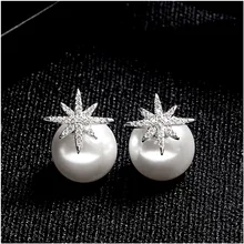 Модные двухсторонние жемчужные серьги starburst, циркониевые медные серьги-гвоздики родиевого цвета