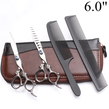 

4Pc 5.5" 6.0" Japan 440C Engraving Logo Hairdressing Scissors Cutting Scissors Thinning Shears Dragon Handle Combs Add Bag C9107