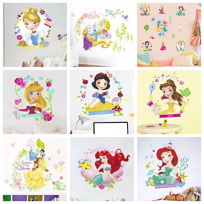 Disney Cinderella Ariel Snow White Princess Wall Stickers Girl's Room Home Decor Cartoon Mural Art Kids Wall Decals PVC Poster