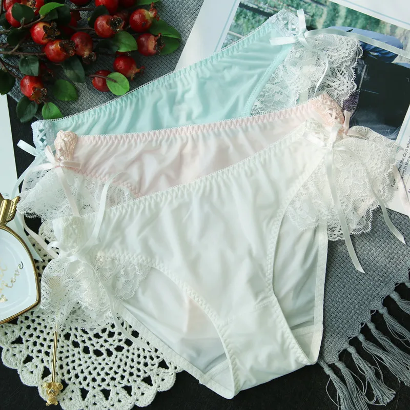 Japanese silky milk silk bow tie low waist women underwear lace lady