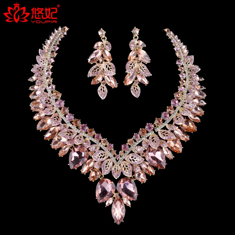 Light Peach color rhinestone Necklace Earrings Bridal Jewelry