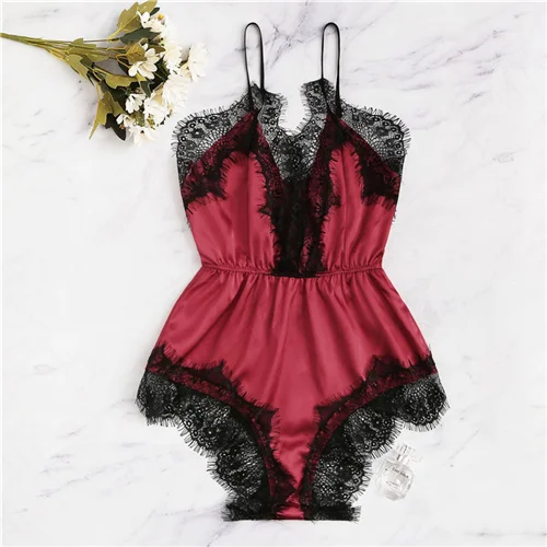 COLROVIE Green Lace Trim Satin Teddies Romper Bodysuit Women Pajamas