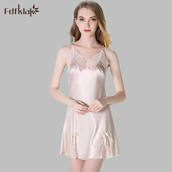 

2019 New silk nightgowns women sexy v-neck nightwear female summer dress casual short ladies sleepwear nightdress A428