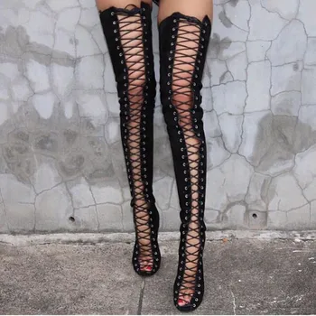

Sexy Black Cut-out Slim Thigh High Over The Knee Boots Open Toe Summer Gladiator Long Boots High Heels Party Dress Shoes Women