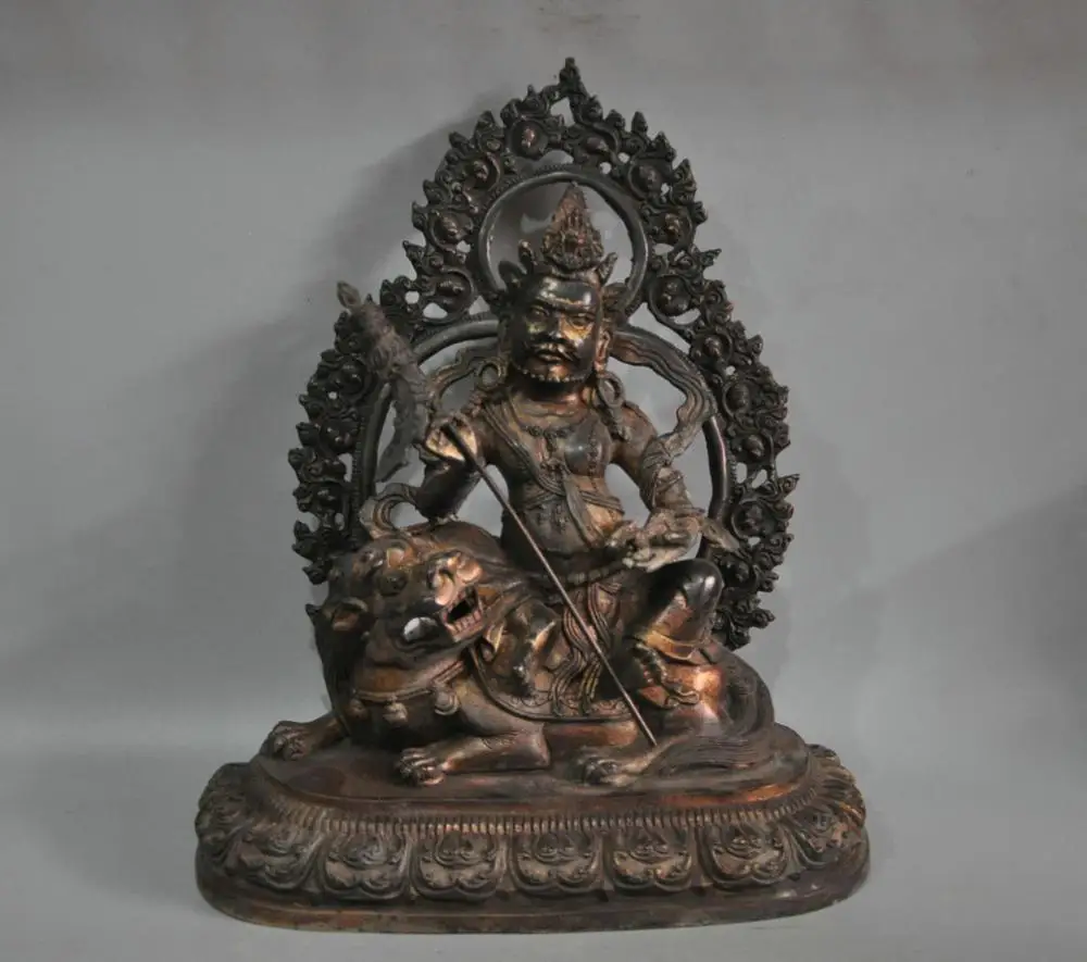 13&quot China Tibet Umbrella Heavenly King Vaisravana Buddha Ride Lion Bronze Statue | Дом и сад