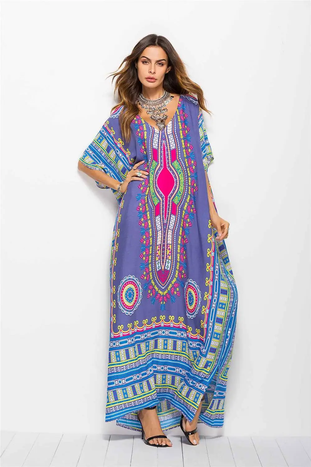 Дубай Макси Кафтан Женская мода мусульманское платье с принтом винтажное женское пляжное летнее платье Большой размер арабы абайя Исламская одежда - Цвет: Gray