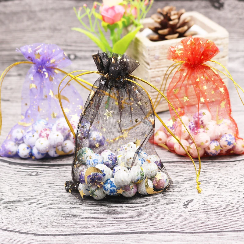 Best Hotsale 100pcs lot Moon Star Organza Bags 7x9 9x12cm Small Christmas Drawstring Gift Bag Charms Jewelry Packaging Bags amp; Pouches