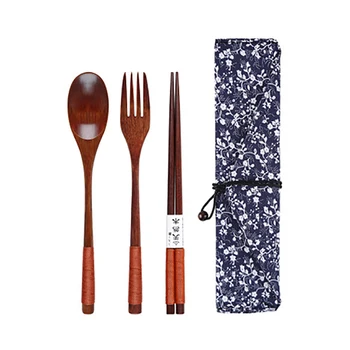 

Baispo Portable Tableware Wooden Cutlery Sets with Useful Spoon Fork Chopsticks Travel Gift Dinnerware Suit with Cloth bag