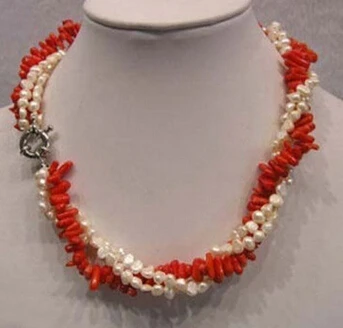 

FREE SHIPPING>@@> zj 00048 3 Rows White Pearl Red Coral Necklace