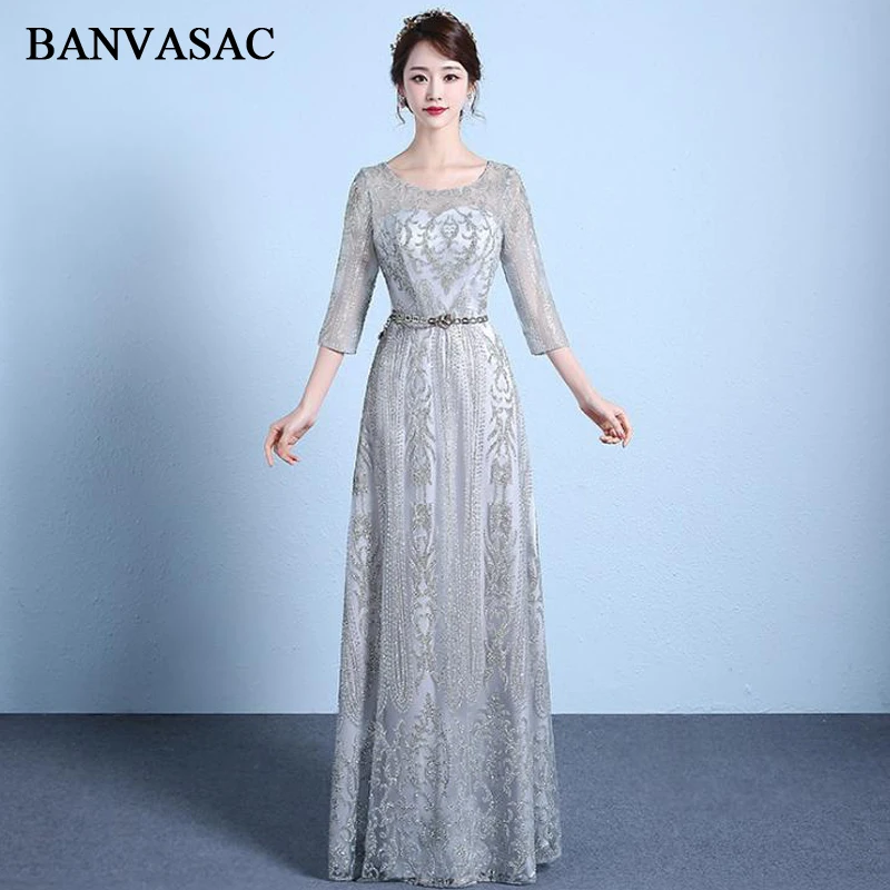 

BANVASAC 2018 Illusion O Neck Sequined Sash A Line Long Evening Dresses Elegant Lace Embroidery Party Prom Gowns