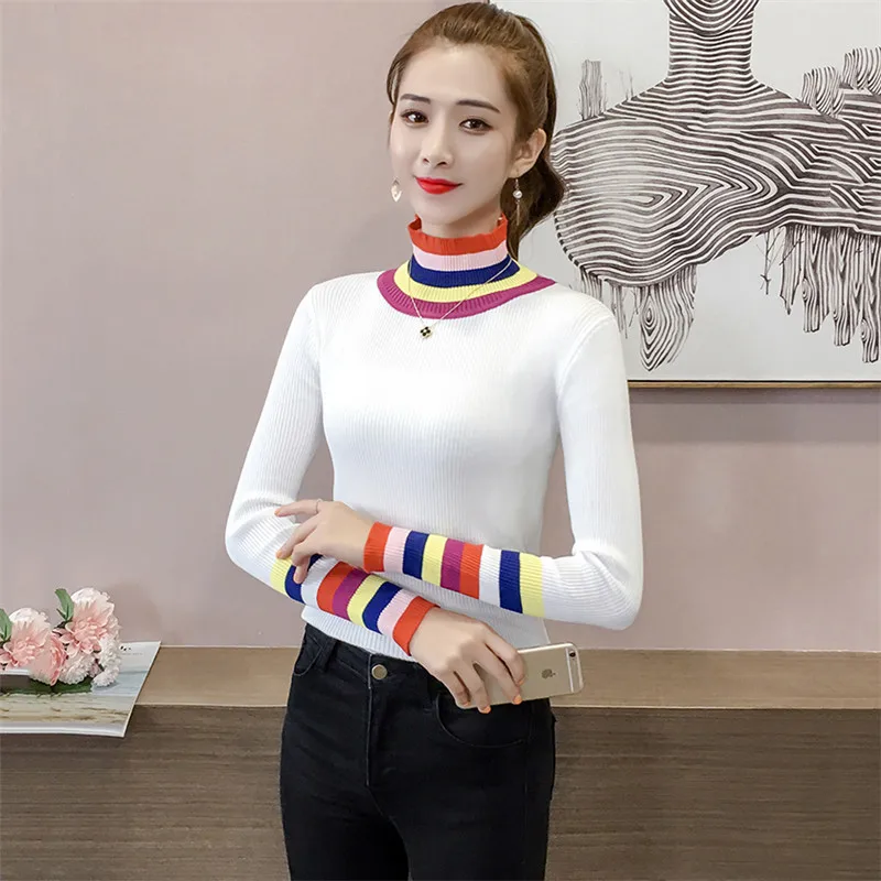 Women Pullover Sweater 2018 Autumn Winter New Half High Collar Rainbow Striped Sweater Female Korean Short Slim Sweaters XY708 Women Pullover Sweater 2018 Autumn Winter New Half High Collar Rainbow Striped Sweater Female Korean Short Slim Sweaters XY708