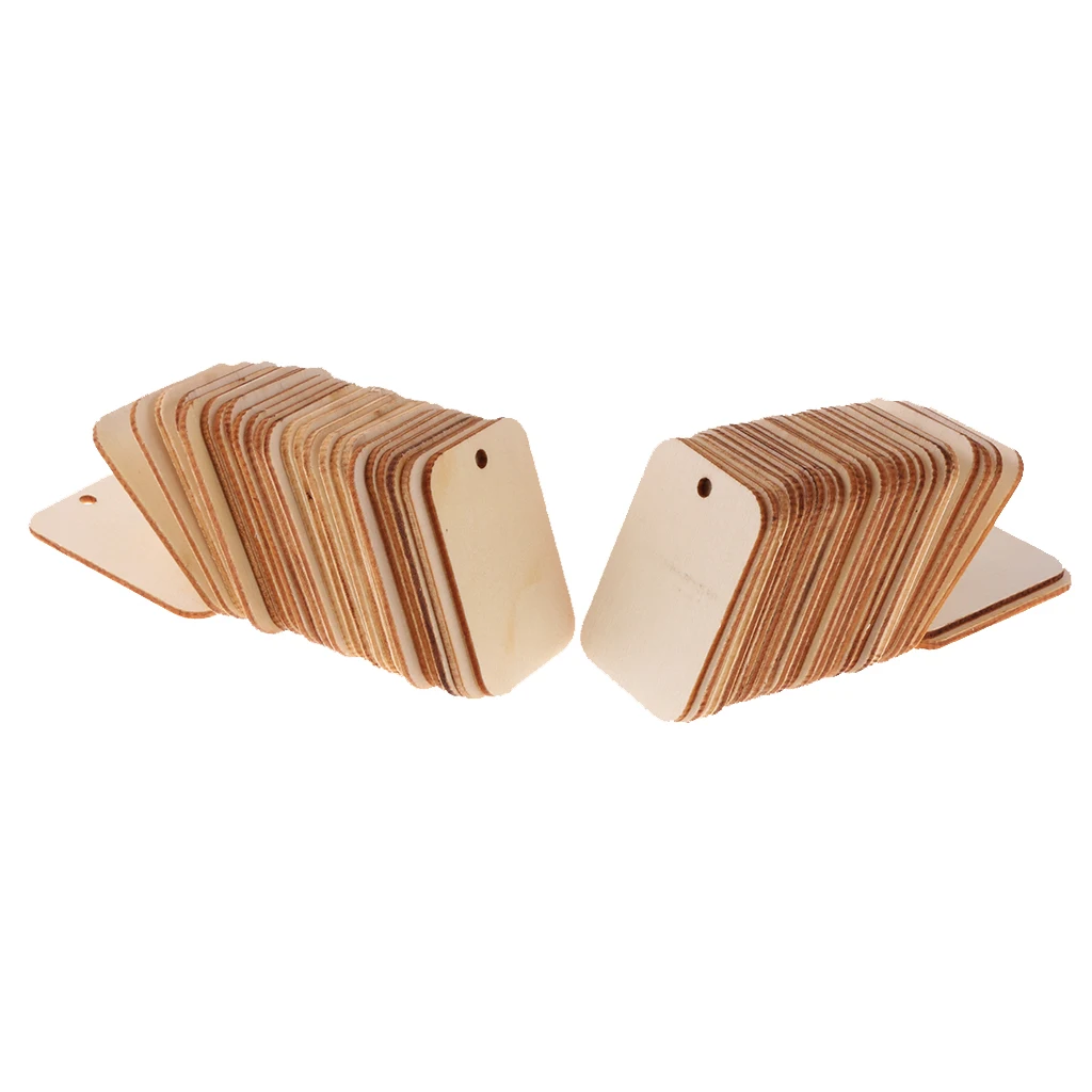 50 Pieces Wooden Rectangle Craft Shape Tag Embellishment for Craft with Rope Unfinished Wood Cutout Chips for Pieces Arts