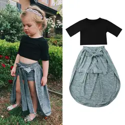 Emmababy/Детский комплект для девочек, Однотонная футболка с короткими рукавами и круглым вырезом + штаны, комплект из 2 предметов, летняя