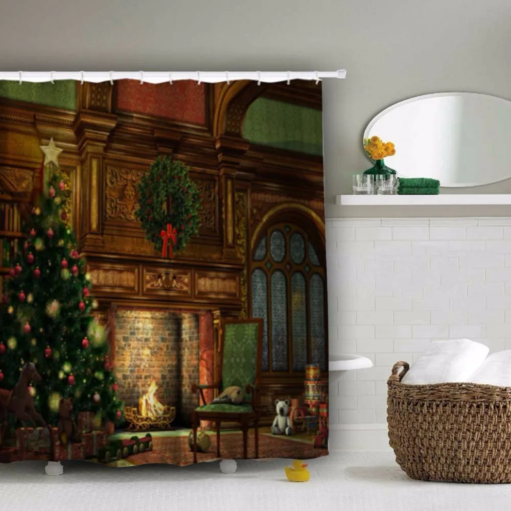 Home Decor Xmas Merry Christmas Tree and Fireplace Pattern Bathroom