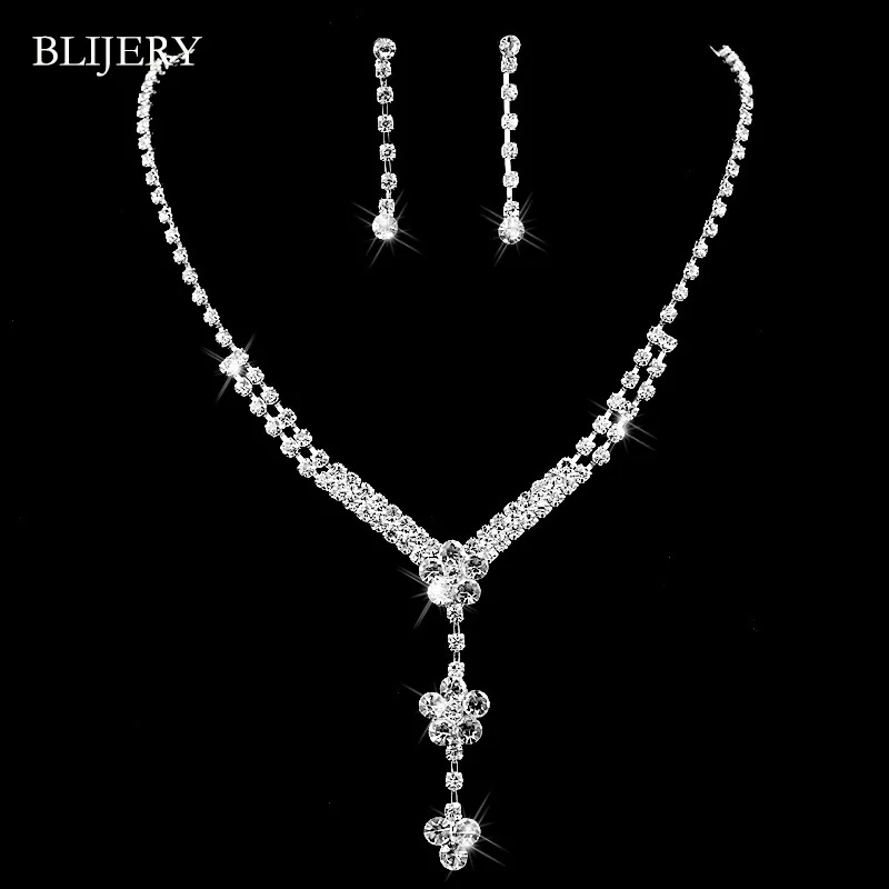 BLIJERY, Модные Ювелирные наборы для невесты, посеребренные кристаллы, длинные висячие ожерелья, серьги для женщин, свадебные ювелирные наборы - Окраска металла: 05J01