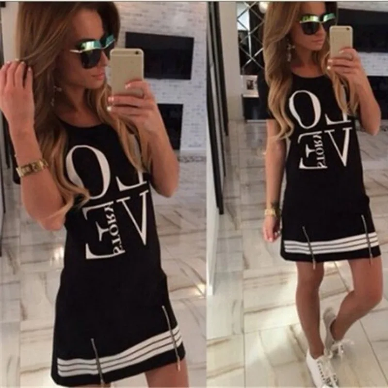 

Womens Fashion Letter Printed Short Sleeves T-shirt Dresses 2019 New Striped Zipper Summer Casual Dresses