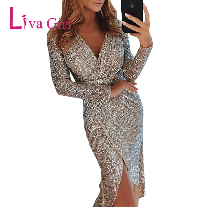 

LIVA GIRL Night Club Wear Sequined Bodycon Party Dress Women Sexy V Neck Long Sleeve Ruched Irregular Midi Dresses Mujer Vestido