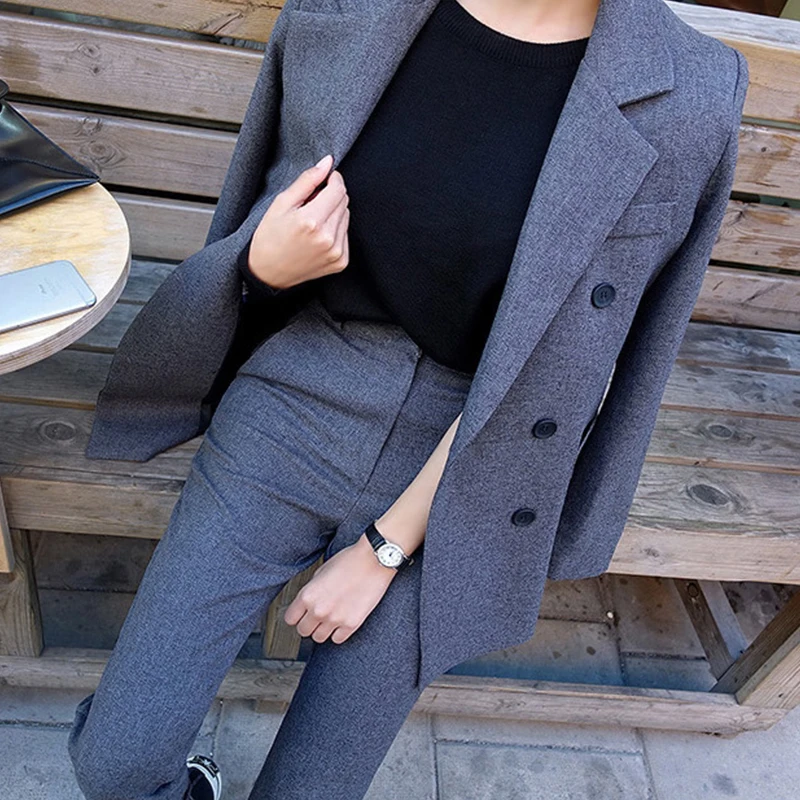 Fashion Spring And Autumn Slim Trousers Two Pieces Grey Double Breast Button Long Pant Jacket Office Lady Long Sleeves Lady Suit