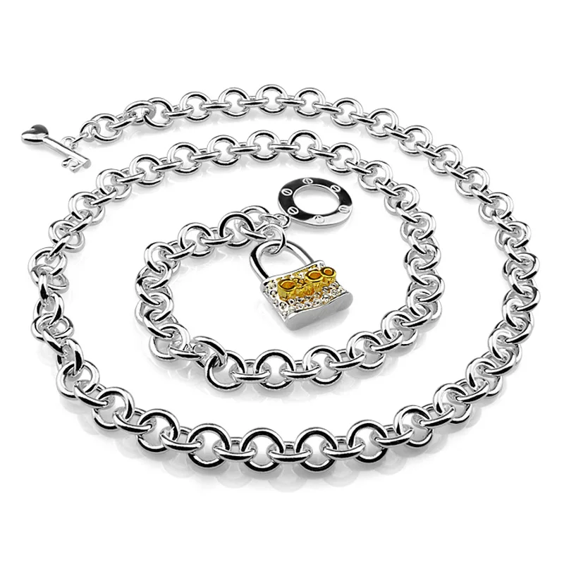 Simple Silver lock pendant necklace Fashion women 6 mm 49cm solid 925