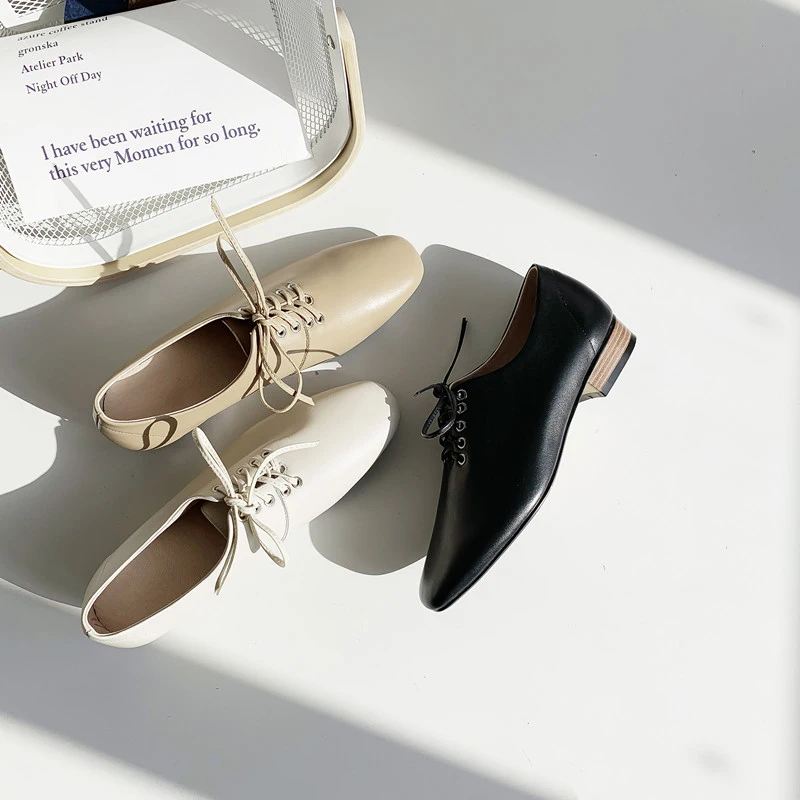 Printemps Beige Croix Talons Femmes Chaussures 2019 Carré Nouveau En noir Liée Mode Véritable Isnom Bas apricot Femme Cuir Bout Pompes q644T7