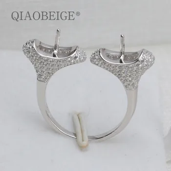 

QIAOBEIGE 2pcs Diy accessory 100% S925 sterling silver Ring with two pearls turquoise amber wax ring round pearl empty holder