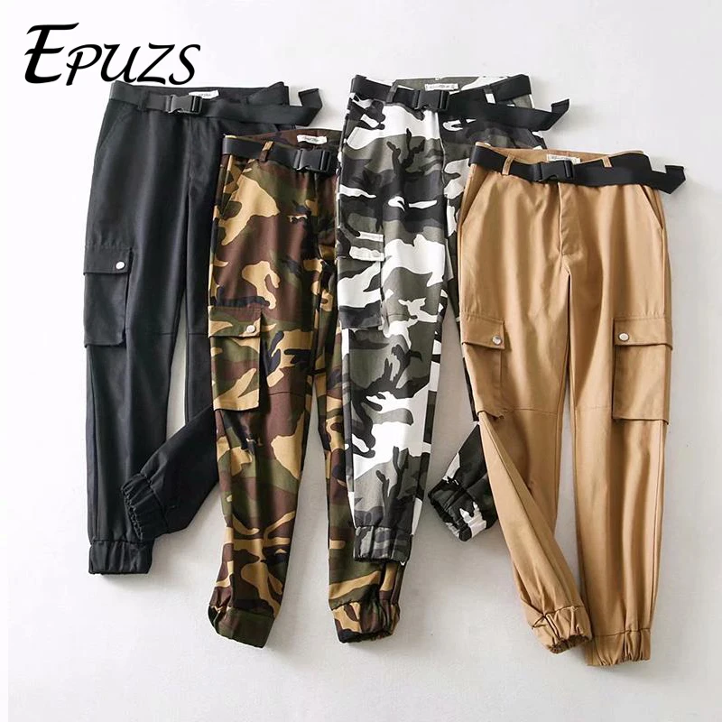 

Fashion high waist camouflage pants women pockets cargo pants women streetwear belt loose trousers pantalones mujer 2019