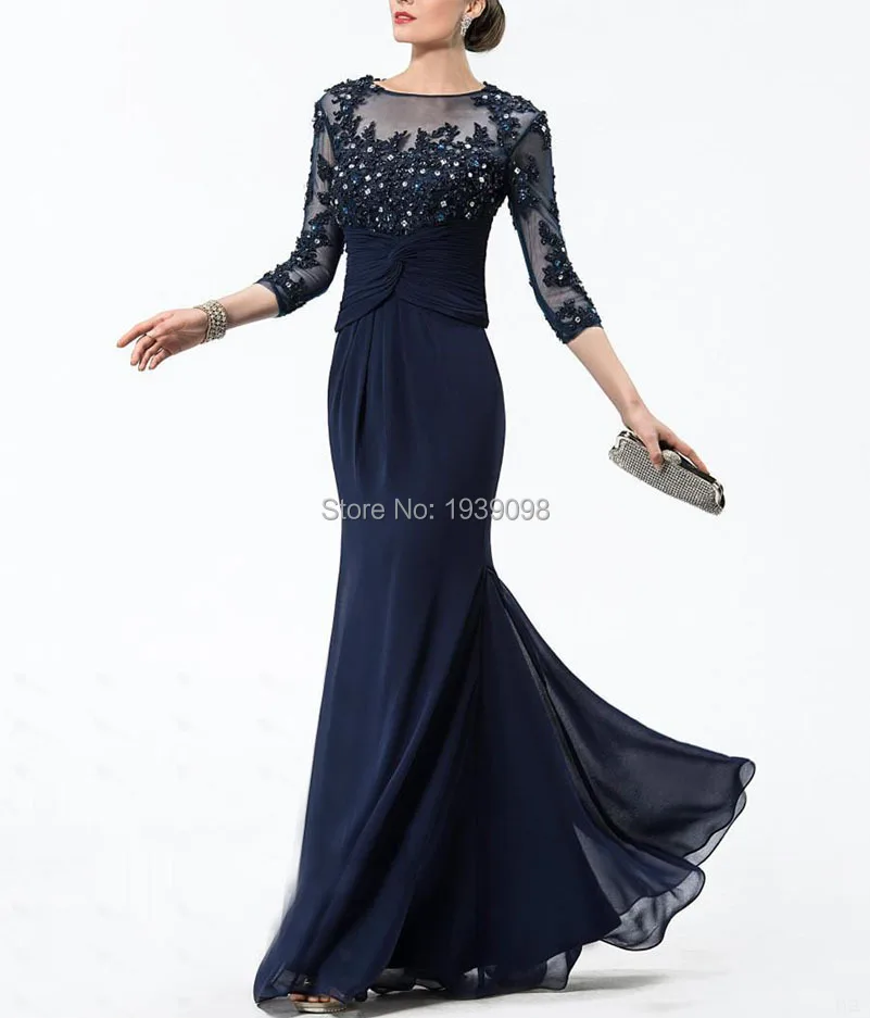Lace 2015 Hot Sale Half Sleeve Mermaid Beaded Chiffon Formal Evening Mother of the Bride Groom Dresses With Applique Beads A-line Prom Gown.jpg