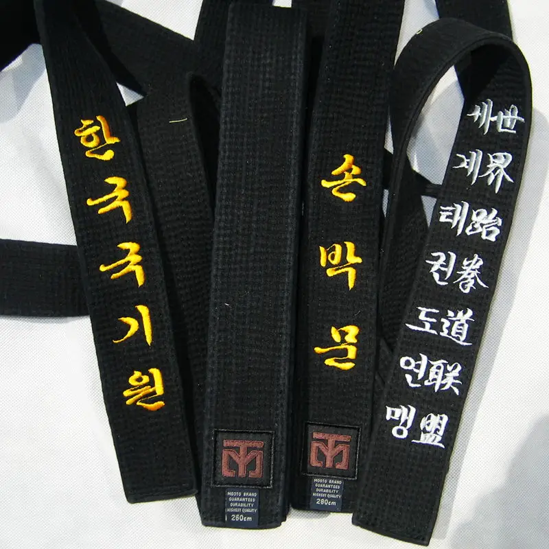 High quilty black WTF ITF MOOTO taekwondo belt Embroidery cotton belt taekwondo itf taekwondo belt Custom embroidery 1.8-3.4m