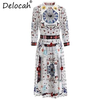 

Delocah Runway Fashion Summer Dresses Women's Geometric Print Beading Sequined High Waist Elegant Vintage Ruched Midi Dresses