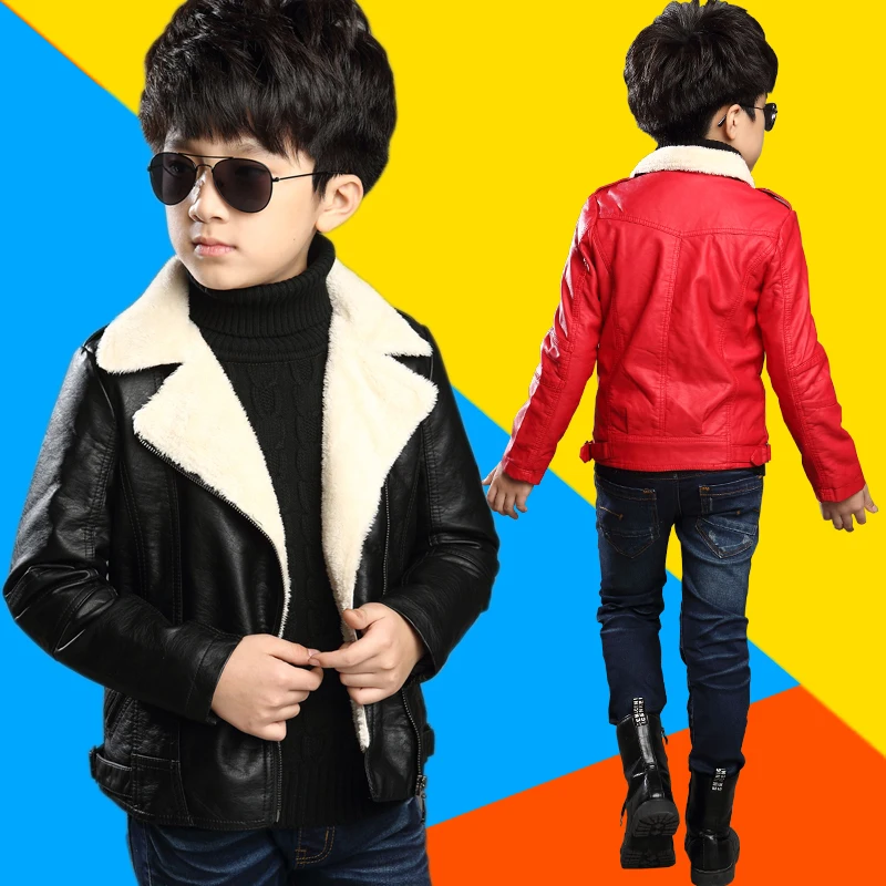 

Boys and girls leather child clothing jacket child New 2015 4 - 12 kids autumn winter plus velvet Fashion outerwear PU leather