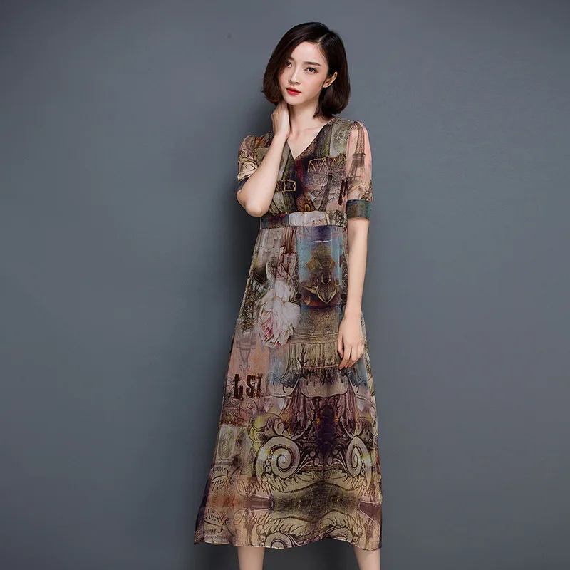 

2018 Summer Style Vintage Printed Casual Dresses V Neck Elegant High Waist Slim Dress Short Sleeve Faux Silk Vestidos Mujer 3XL