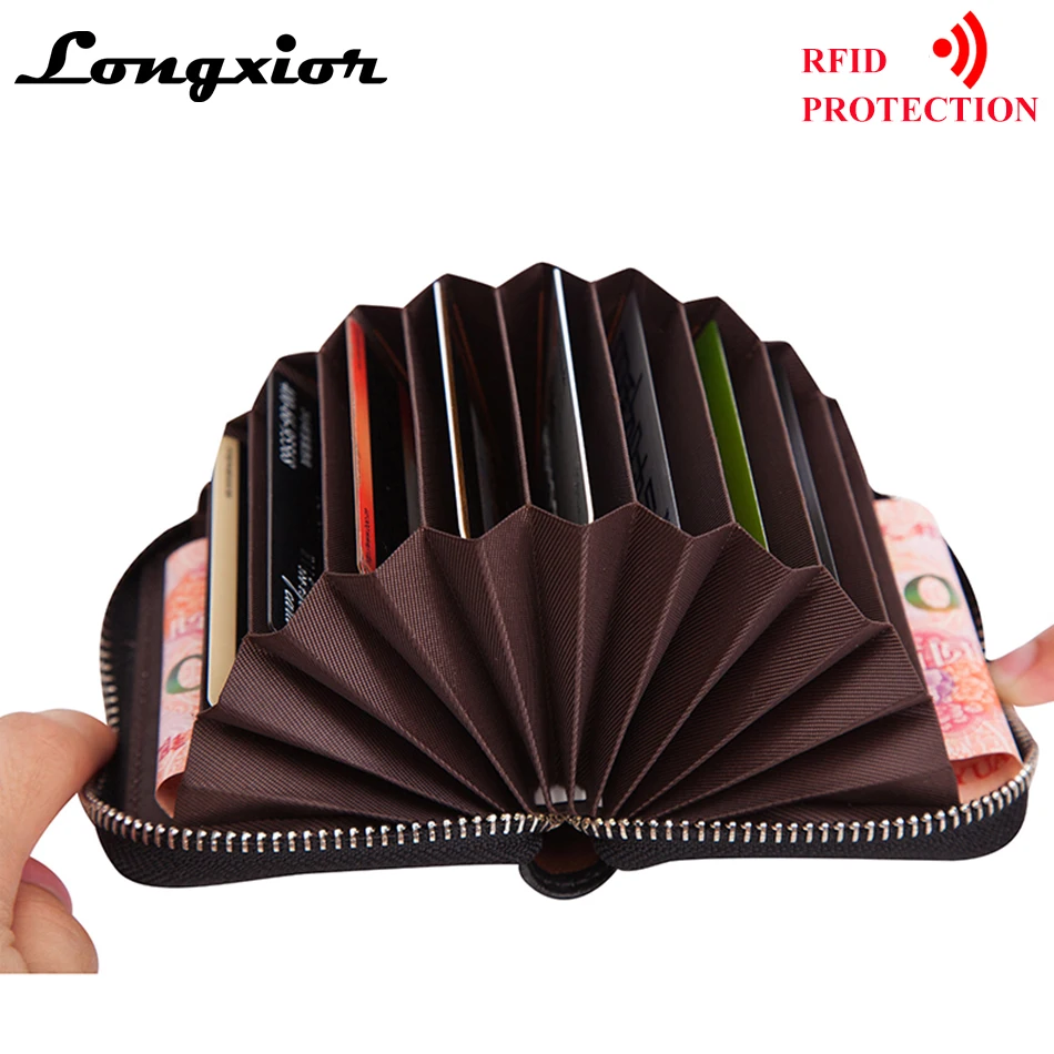 

LONGXIOR Genuine Leather Women Card Holder Wallets RFID blocking Purse Zipper Credit Card Bag Zipper Card Case proction MRF19