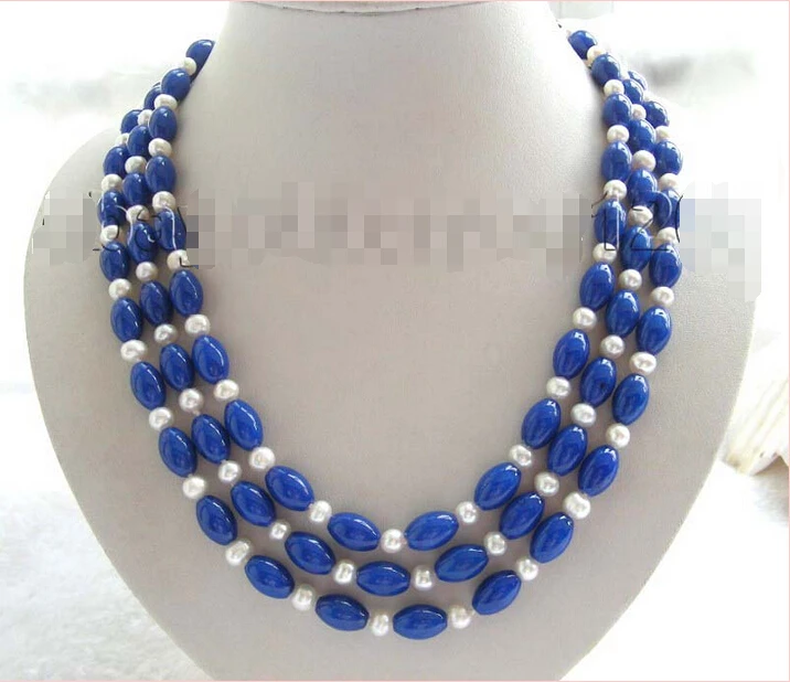 

FREE SHIPPING 21" 3rows Natural 12mm Blue Lapis Lazuli Pearl Necklace