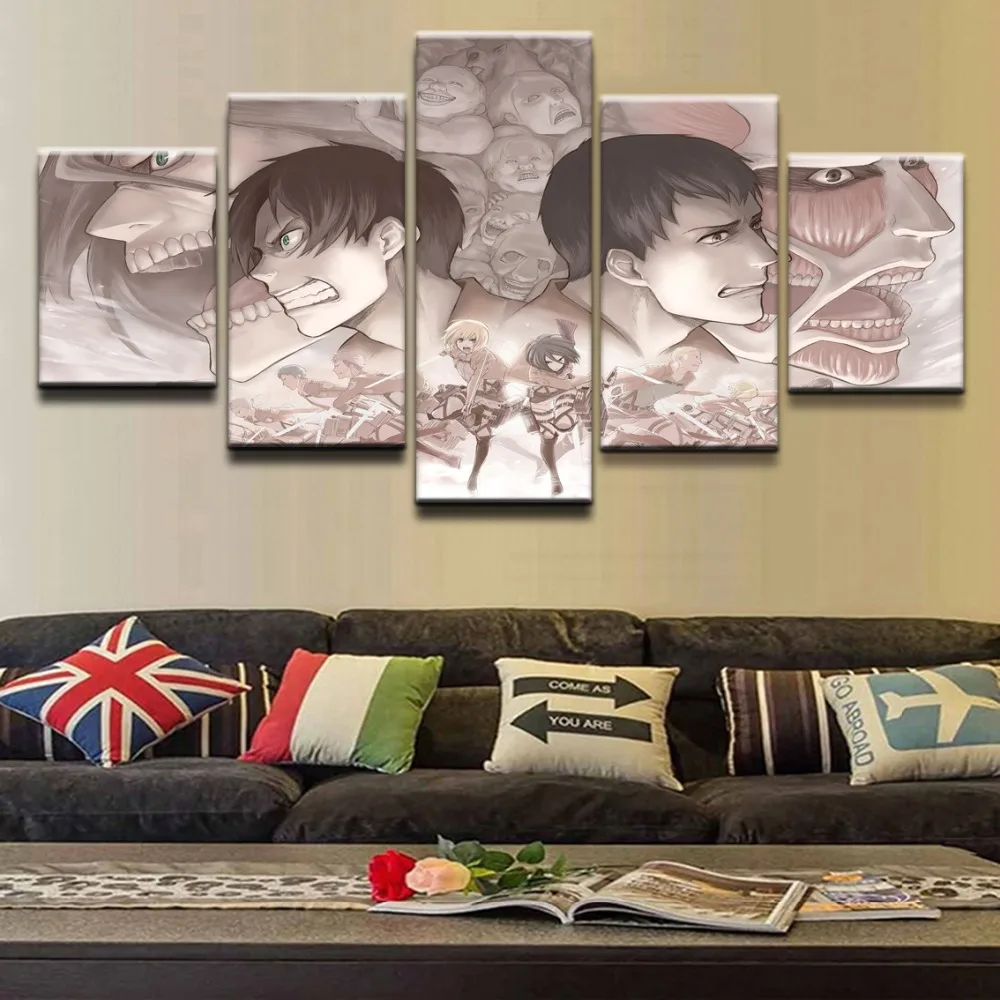 

Wall Art Modular Pictures 5 Panel Anime Attack On Titan Painting Canvas Painting Home Decoration HD Printed Poster Decor Frame
