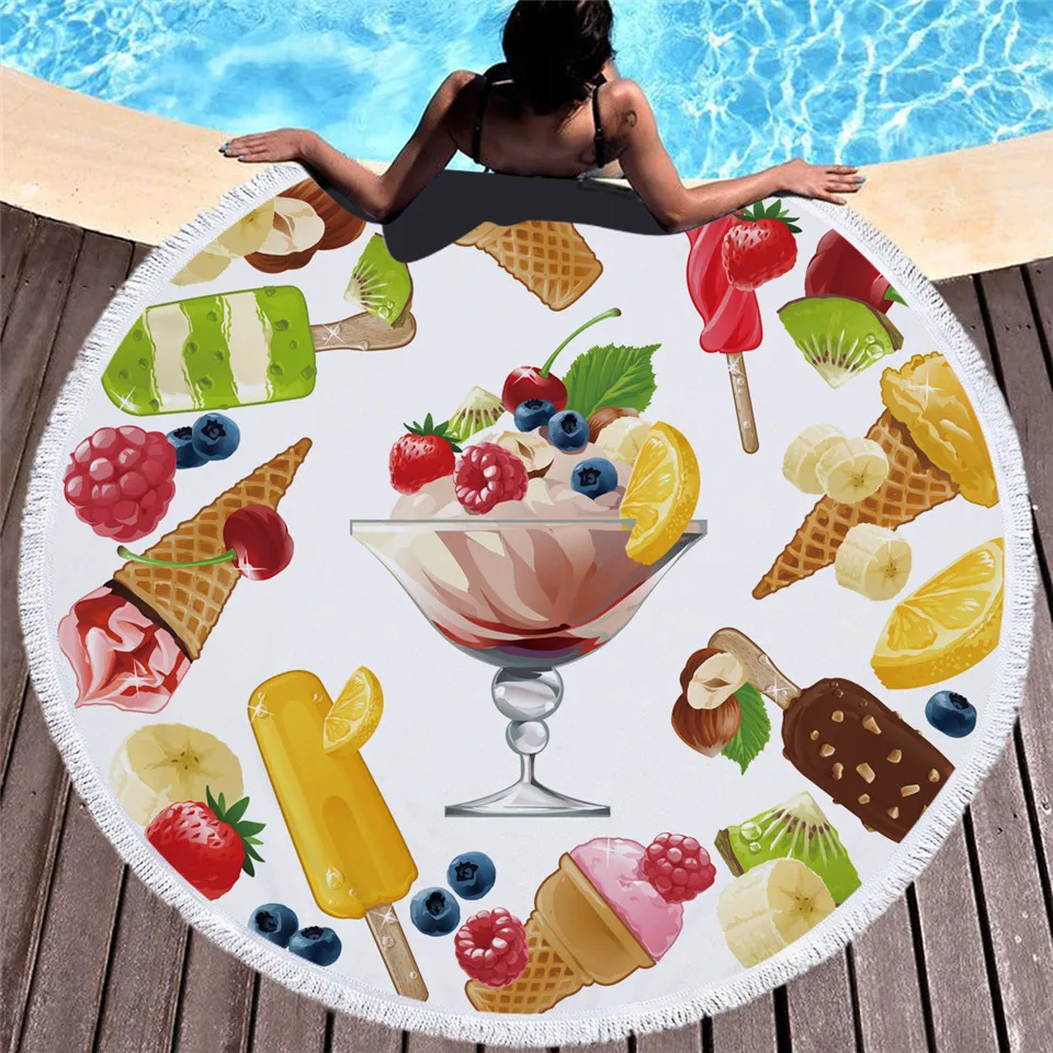 

SOFTBATFY Ice Cream Thick Terry Round Beach Towel with Tassel Dropshipping