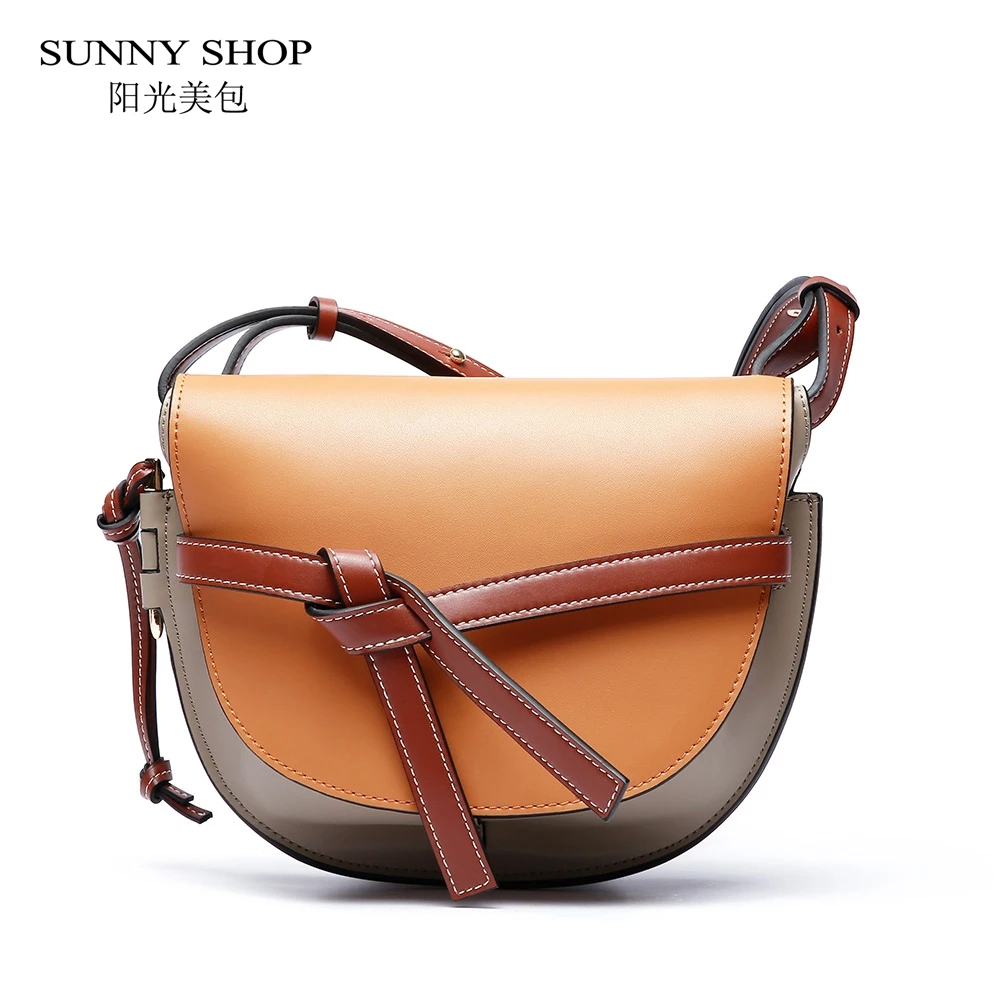 

SUNNY SHOP Brand Genuine leather Luxury Handbag 2018 Fashion Women Saddle Bag High Quality Natural Skin Shoulder Bag Small White