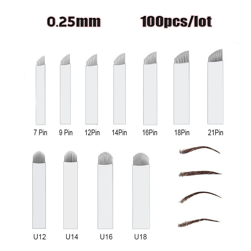 100 шт. 0 25 мм Flex Laminas Tebori Flex/U Shapes pin Microblading ИГЛЫ Перманентный макияж бровей Тату