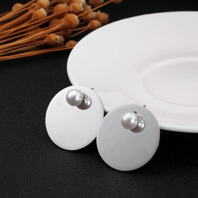 

Fashion Pearl Earrings Rose Gold Color Round Disc Cute Stainless Steel Pearl Stud Earrings Ear Jewelry for Women Party Brincos