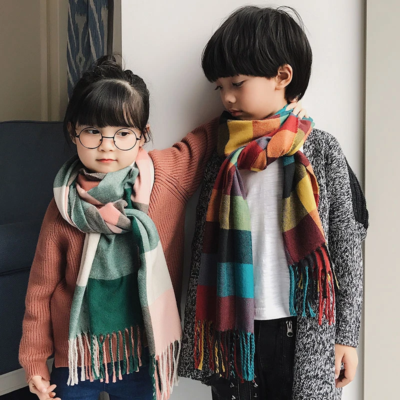 

2018 Autumn Winter Children Plaid Scarf Warm Girls Boy Soft Scarves Kids Cashmere Tassel Shawl Scarf Muffler Neckerchief Blanket