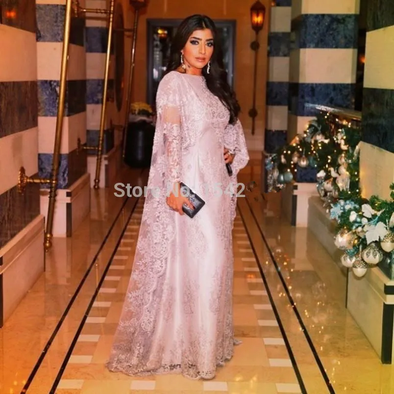 2016 Muslim Evening Dresses A line High Collar Pink Lace Long Sleeves font b Islamic b