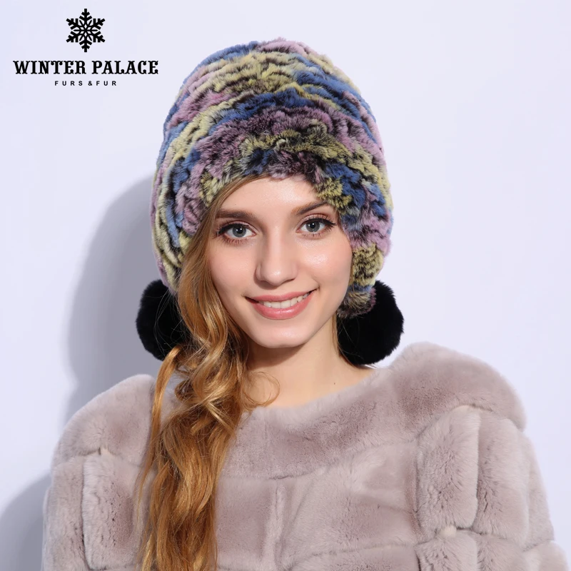 

2018 Fashion Women Warm Genuine Fur Hats Rex Rabbit Winter Fur Caps Female Quality Casual Beanies H-747