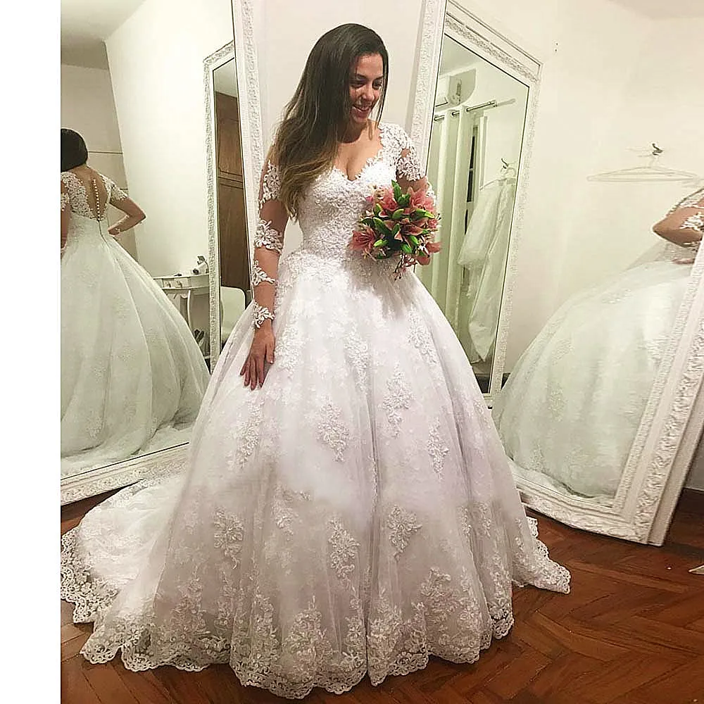 

Vestido De Casamento Long Sleeves Wedding Dress Luxury Ball Gown Bridal Gowns Custom Made Lace Appliques Wedding Dresses 2019