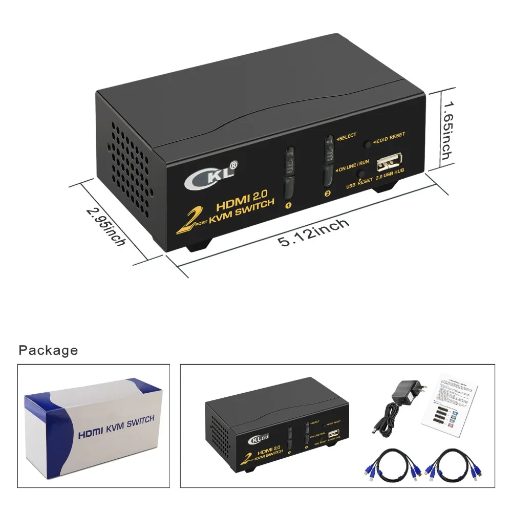 CKL 2 Port HDMI KVM Switch, HDMI2.0 KVM Switch, Support 4K@60Hz, 3D CKL-92H2, with USB2.0 Hub, with 2pcs kvm cables
