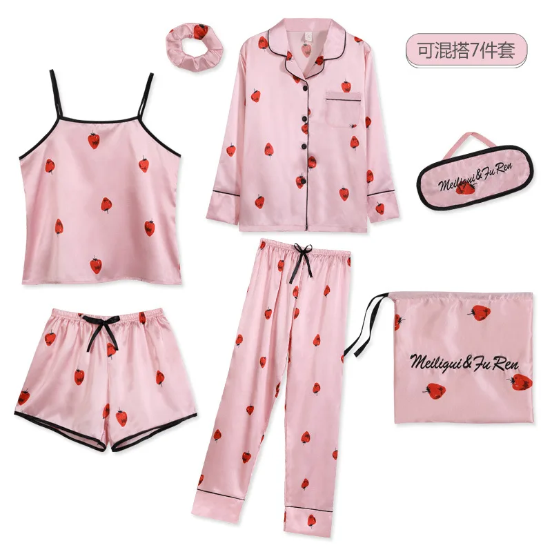 Cheap Autumn Spring 7 Pieces Set Silk Elegant Women Pajamas Print Shorts Long Sleeve Top Elastic Waist Pants Full Lounge Sleepwear