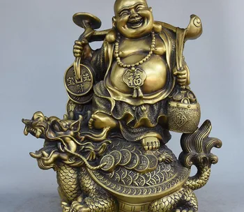 

14" Chinese Buddhism Bronze Dragon Turtle Happy Laughing Maitreya Buddha Statue