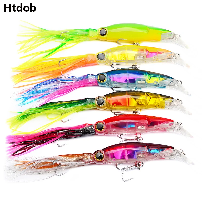 

Htdob 6pcs Random mixed color hard Body soft tail Squid fishing lures Top water Trolling Bait 9 Inch 44g fishing hooks iscas