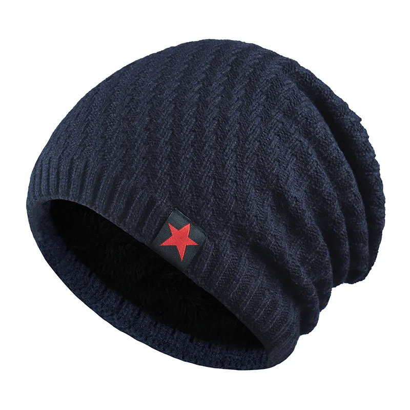 Men Skullies Beanies Knitted Hat Winter Plus velvet thickening Hats Plain Warm Male Gorros ski Bonnet outdoor Solid color Z59 - Цвет: Navy