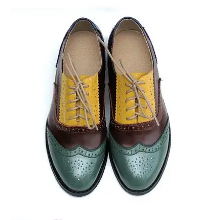Большие размеры 33–47 Обувь с перфорацией; туфли-оксфорды Женские туфли-лодочки новые модные туфли из натуральной кожи женская обувь Женская обувь - Цвет: Green brown