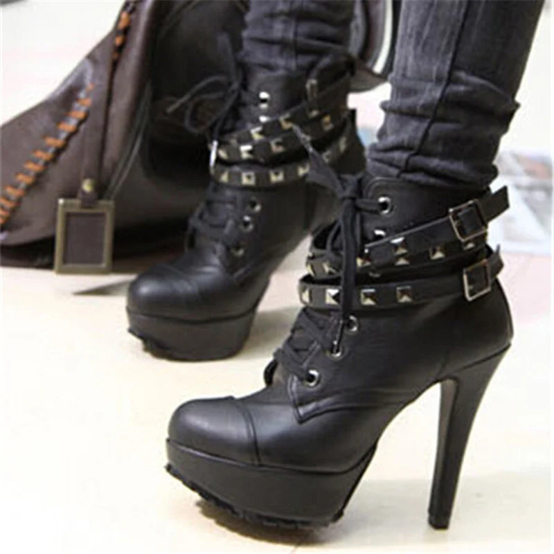 Новинка; женские зимние туфли-лодочки; ботильоны в байкерском стиле; Винтажные ботинки-гладиаторы на высоком каблуке; черные ботинки с пряжкой; прогулочная обувь для свадебной вечеринки; кроссовки - Цвет: black