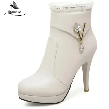 

Sgesvier Winter Thin Heel Round Toe Zipper Ankle Boots for Women Shoes High Heel Boots Rome Style Black Beige Botas Mujer OX571